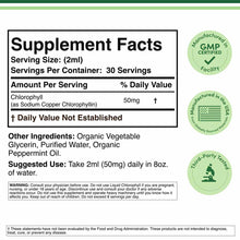 Supplement Facts label for liquid chlorophyll showing 50mg per 2ml serving with GMP certified and USA manufactured badges.