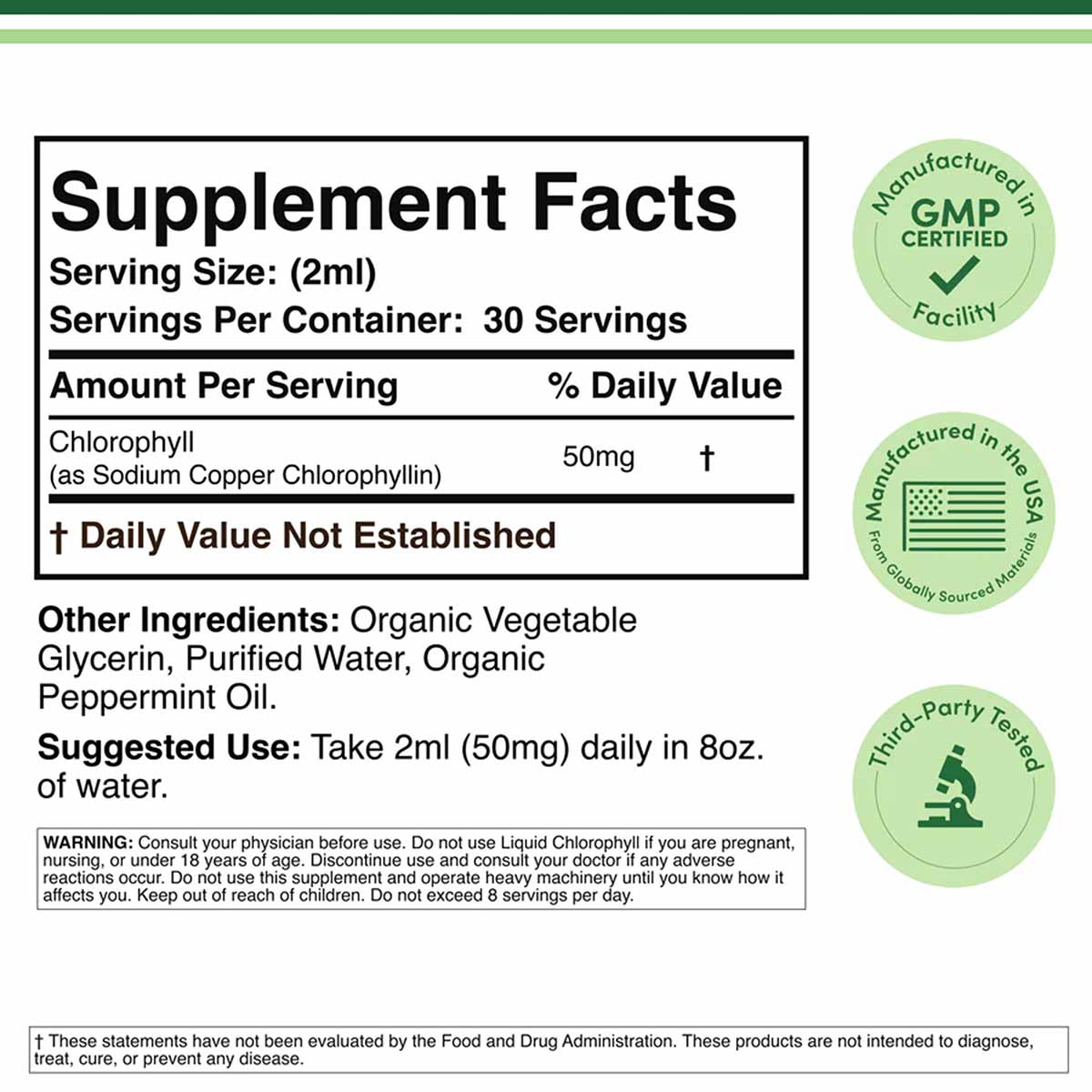 Supplement Facts label for liquid chlorophyll showing 50mg per 2ml serving with GMP certified and USA manufactured badges.