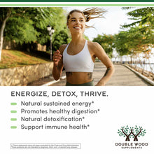 Woman jogging outdoors in athletic wear with green trees in background and Double Wood Supplements product claims displayed.