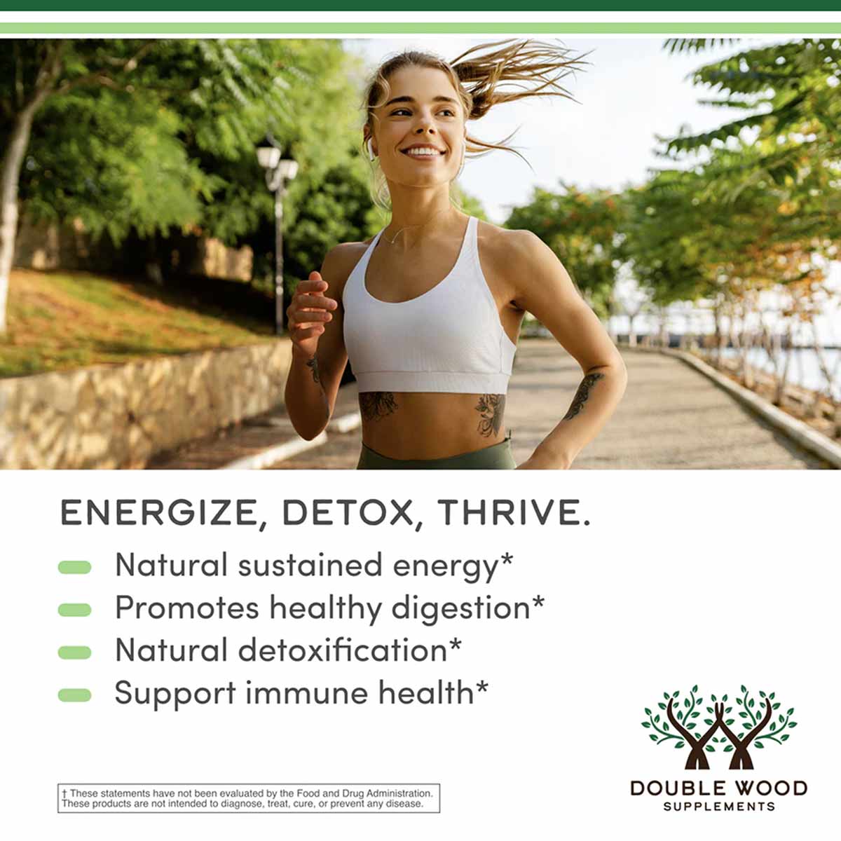 Woman jogging outdoors in athletic wear with green trees in background and Double Wood Supplements product claims displayed.