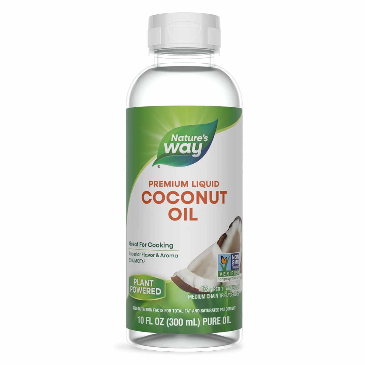 Nature's Way Premium Liquid Coconut Oil bottle with white cap and green label, 10 fl oz size.