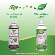 Nature's Way liquid coconut oil bottles showing old and new packaging designs side by side.
