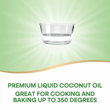 Clear glass bowl containing translucent liquid coconut oil against a green gradient background.