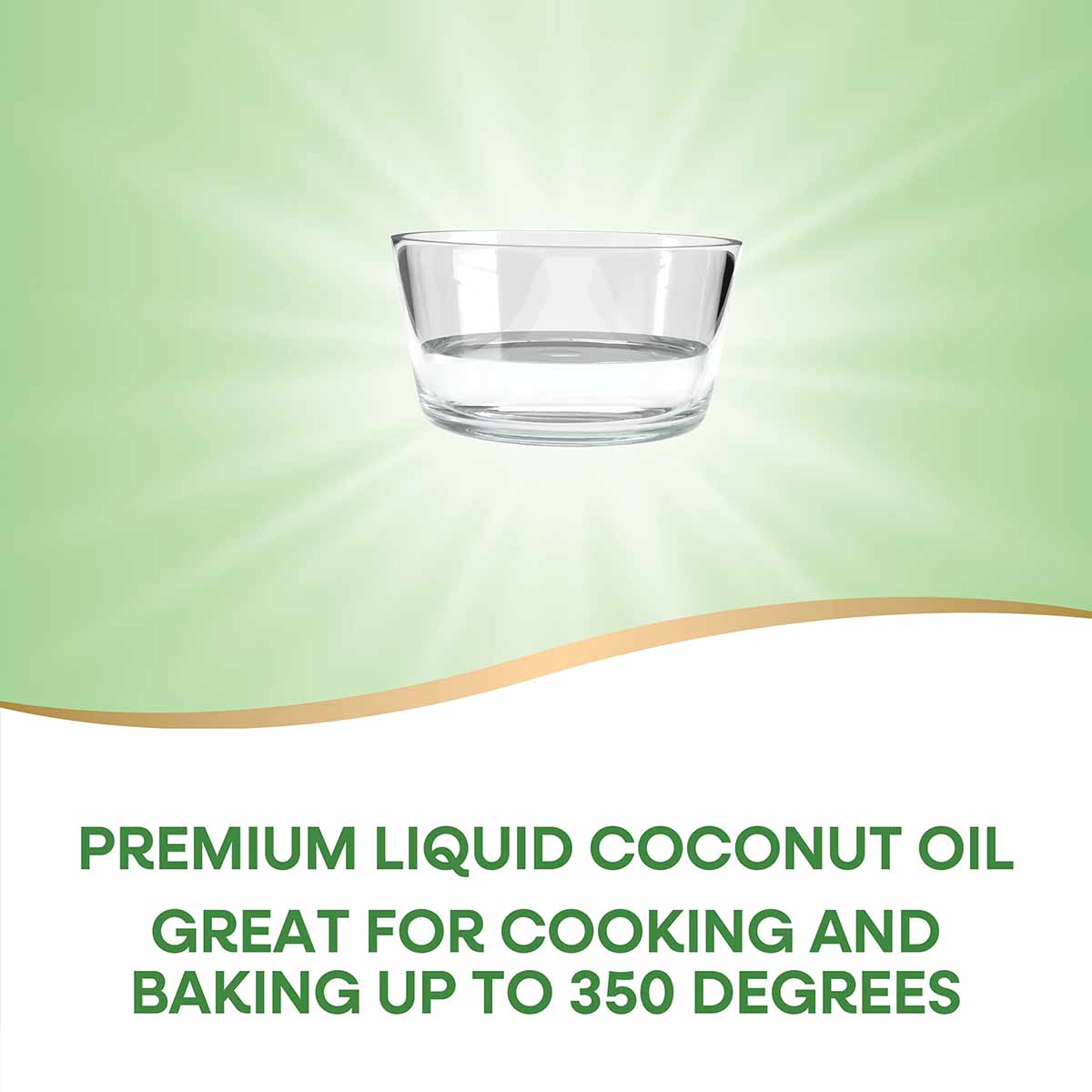Clear glass bowl containing translucent liquid coconut oil against a green gradient background.