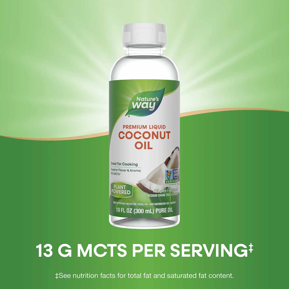 Clear plastic bottle of Nature's Way Premium Liquid Coconut Oil, 10 fl oz, with green and white label on green background.
