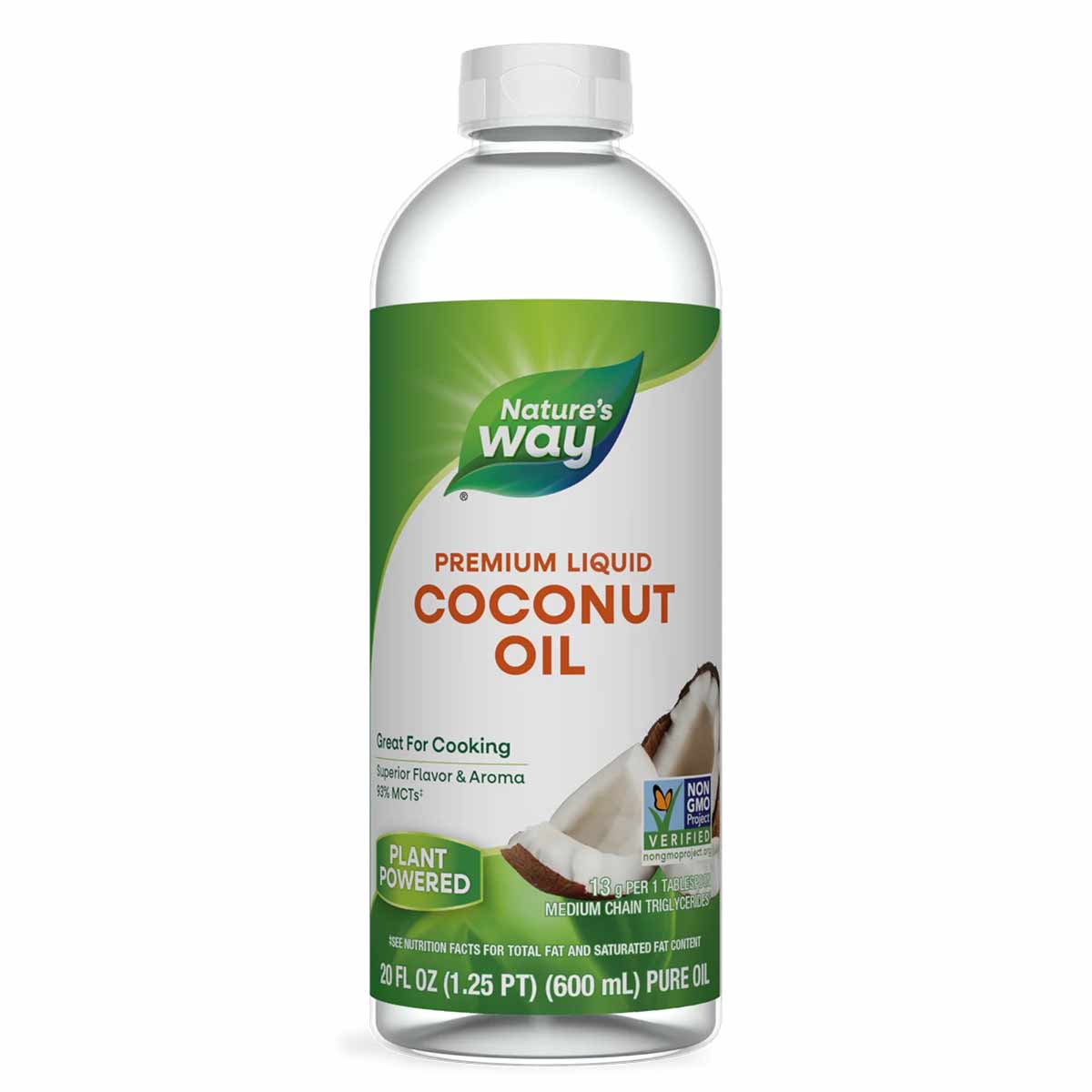 Clear bottle of Nature's Way Premium Liquid Coconut Oil with green and white label, 20 fl oz size.