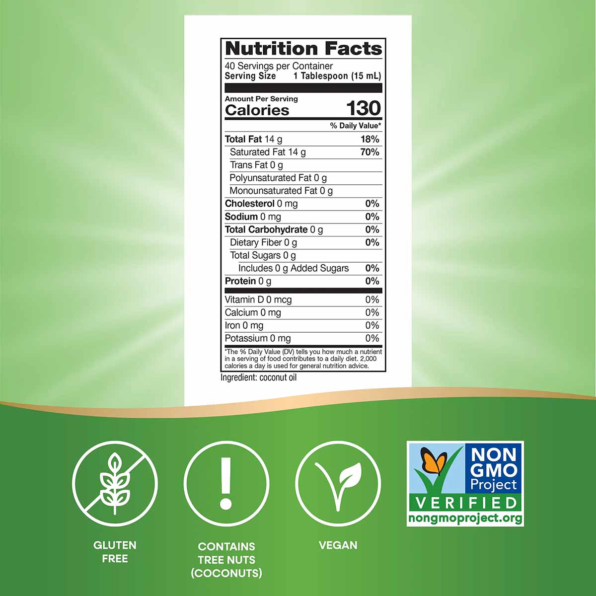 Nutrition Facts label for coconut oil showing 130 calories per tablespoon serving with certification badges for gluten-free, 