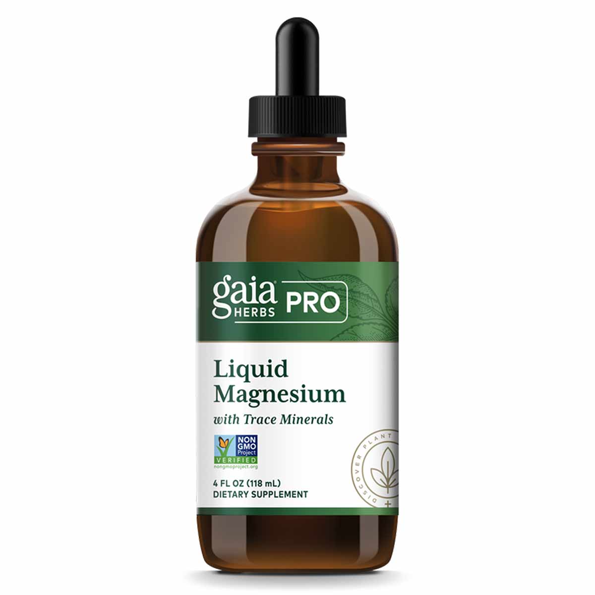 Dark glass dropper bottle of Gaia Herbs Pro Liquid Magnesium with Trace Minerals, 4 fl oz, with green and white label.