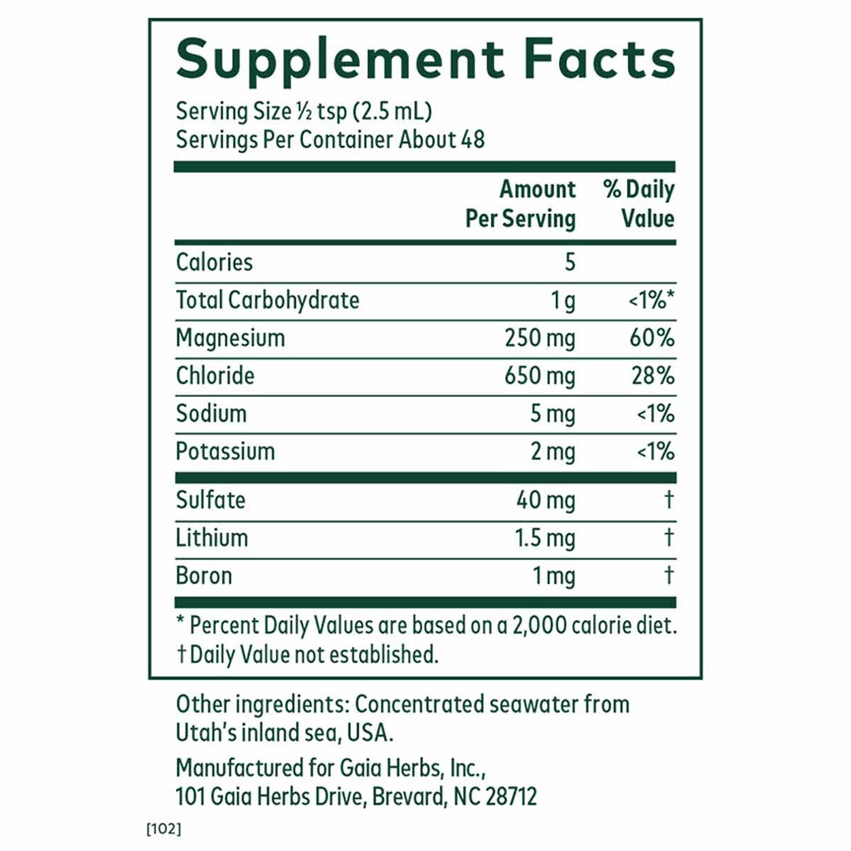 Supplement Facts label showing magnesium 250mg per serving with trace minerals including chloride, sulfate, lithium, and boro