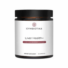 Cymbiotika Liver Health+ dietary supplement bottle with black cap and white label containing 84 capsules.