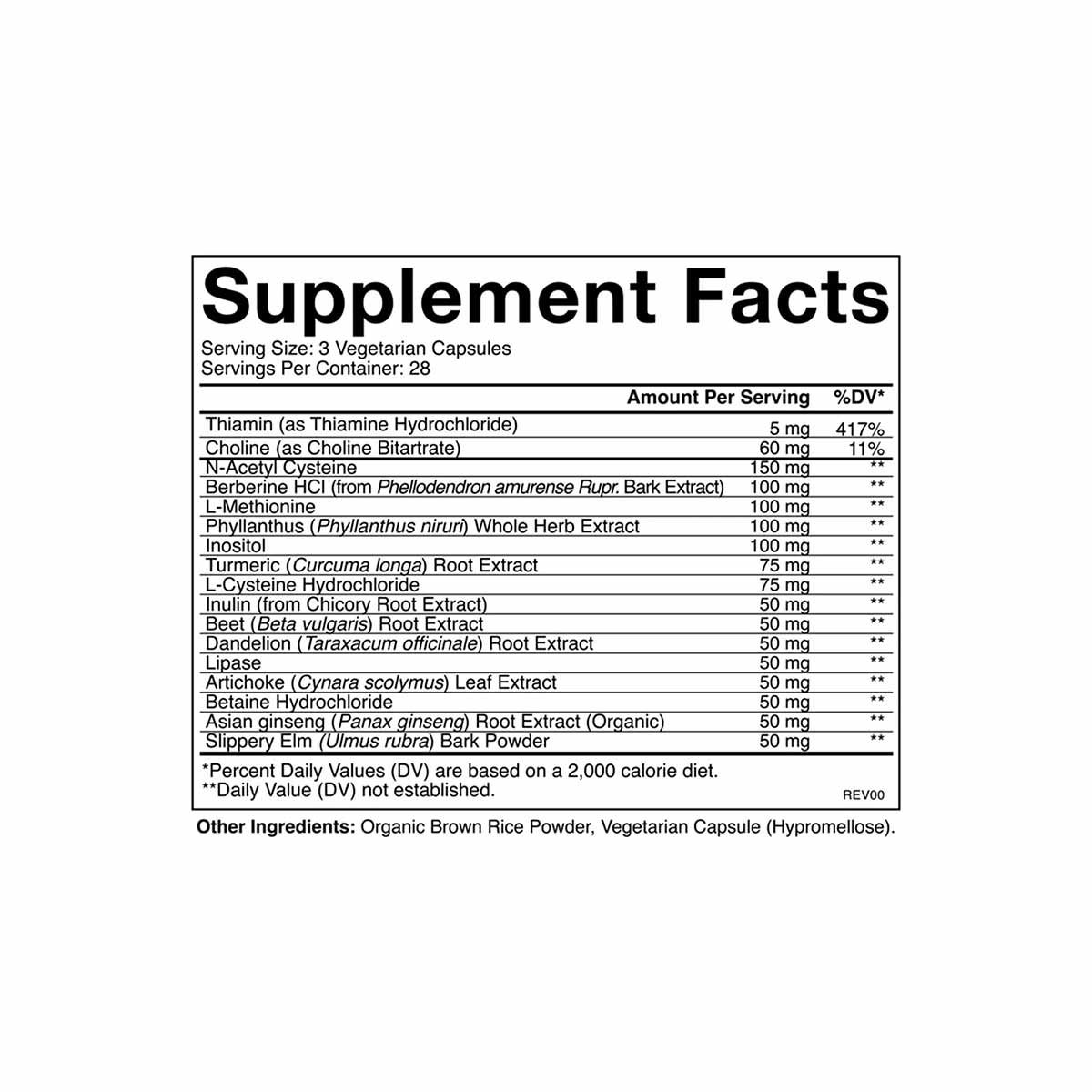 Supplement Facts label for Liver Health+ showing ingredients including thiamine, choline, N-acetyl cysteine, turmeric, and mi