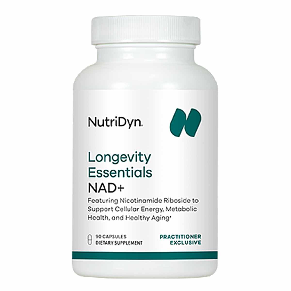 White dietary supplement bottle labeled "NutriDyn Longevity Essentials NAD+" containing 90 capsules with teal accents.