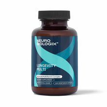 Dark amber glass bottle with black screw cap labeled "Longevity Multi" by Neurobiologix containing 120 vegetarian capsules.