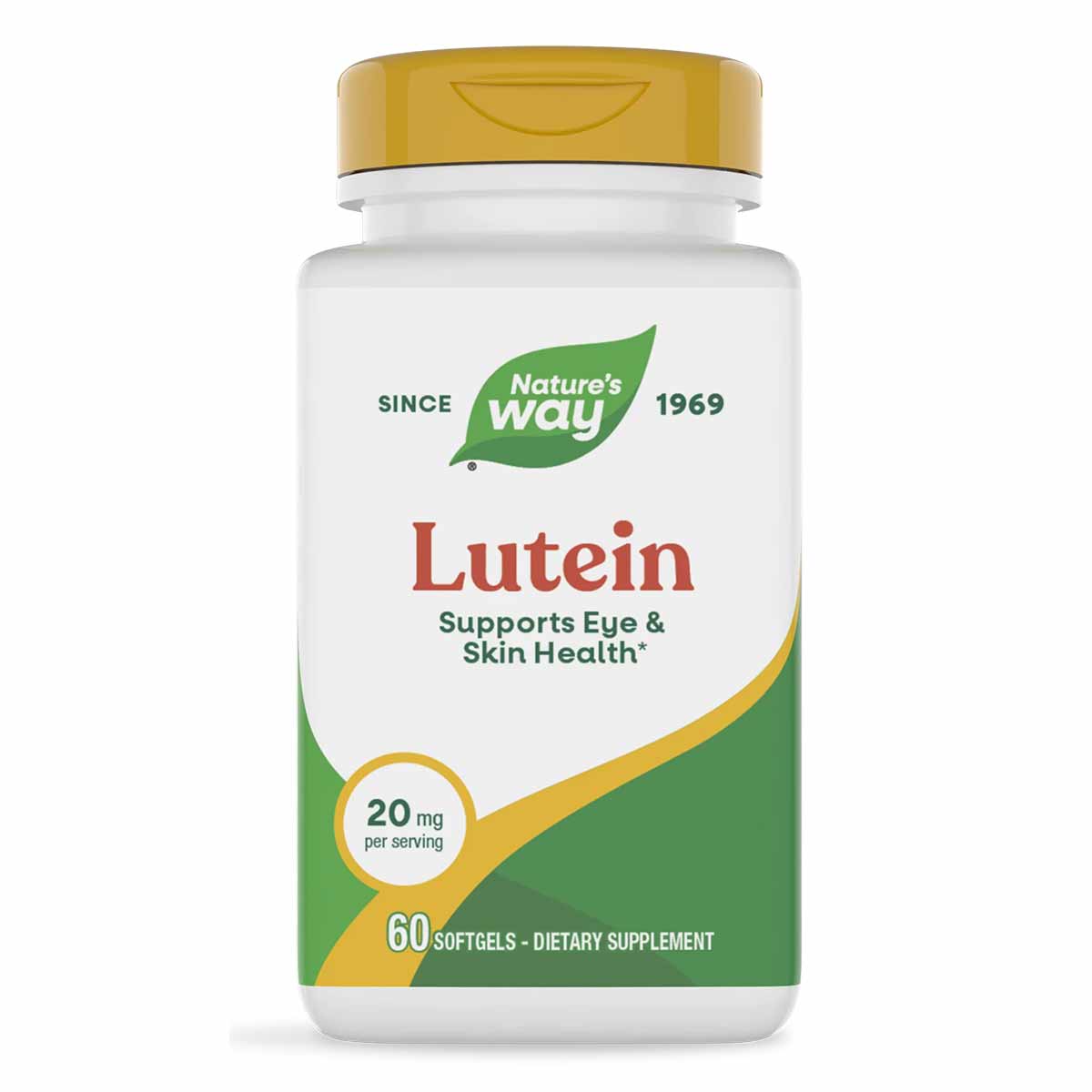Nature's Way Lutein supplement bottle with gold cap, white and green label, 60 softgels, 20 mg per serving.