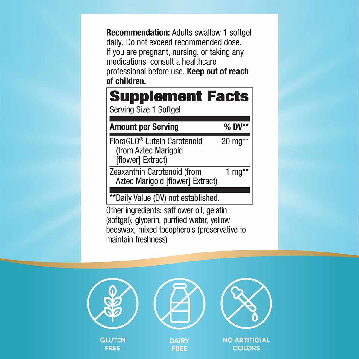 Natures Way Lutein supplement facts label showing dosage, ingredients, and certification icons for gluten-free, dairy-free, a