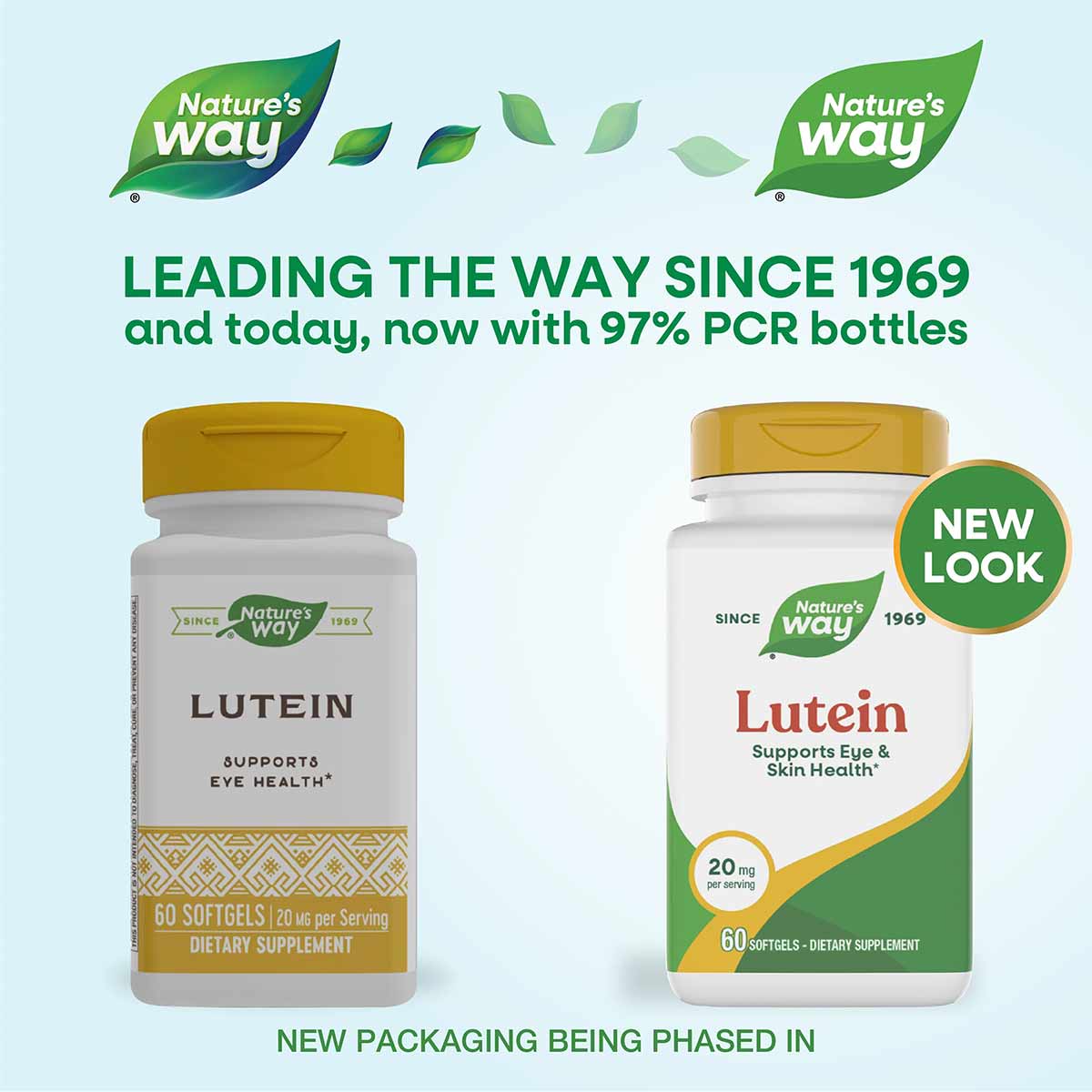 Two Nature's Way Lutein supplement bottles with gold caps, 60 softgels each, 20 mg per serving.