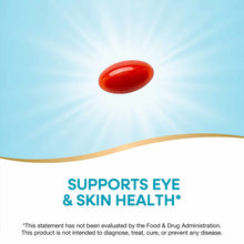 Red oval softgel capsule against blue sky background with golden wave design element.