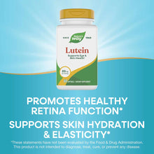 Natures Way Lutein supplement bottle with gold cap, 20 mg per serving, 60 softgels, white and green label.