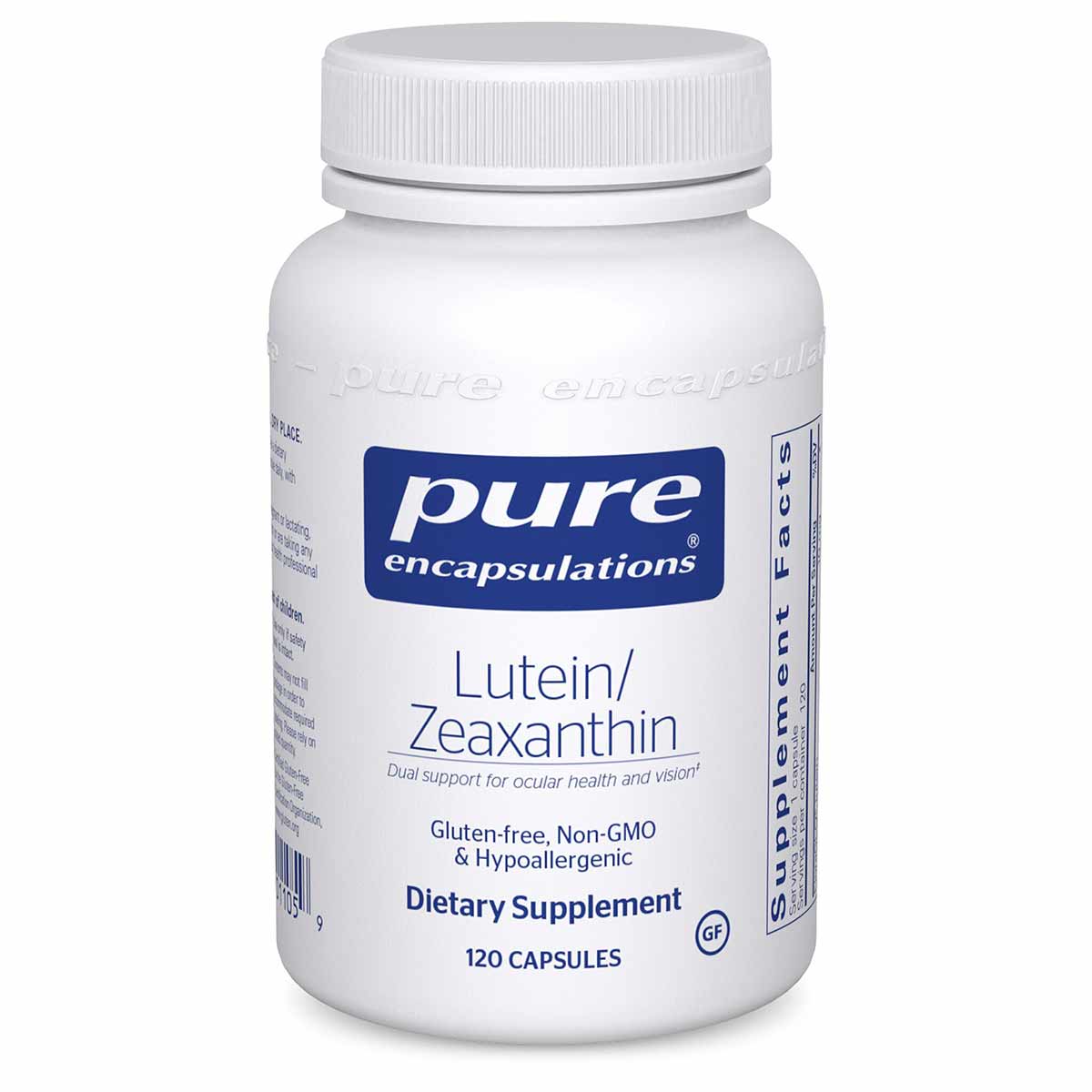 White bottle of Pure Encapsulations Lutein/Zeaxanthin dietary supplement with white ribbed cap containing 120 capsules.