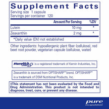 Supplement Facts label showing Lutein 10mg and Zeaxanthin 2mg per capsule, 120 servings per container.