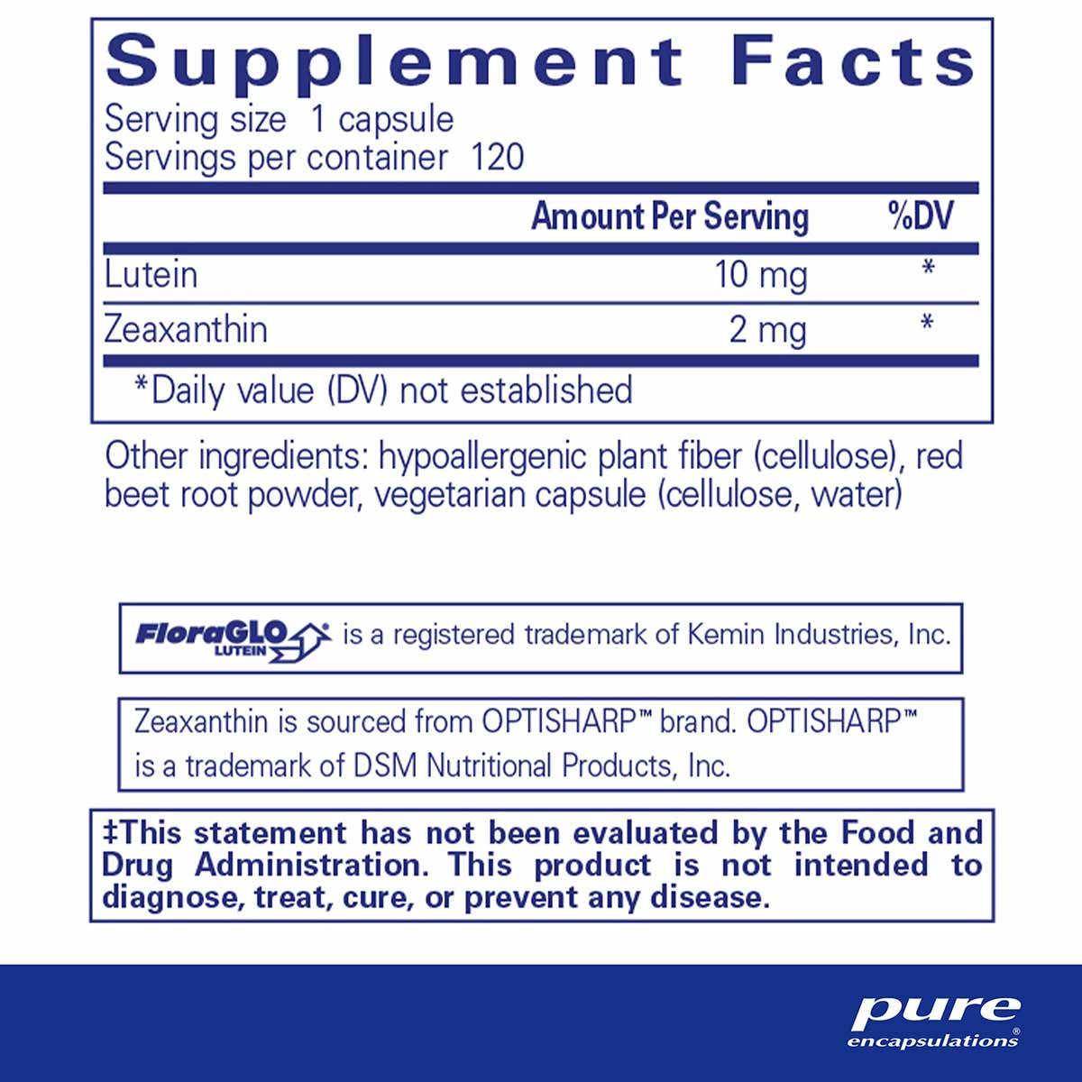 Supplement Facts label showing Lutein 10mg and Zeaxanthin 2mg per capsule, 120 servings per container.