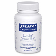 White capsule bottle labeled Lutein/Zeaxanthin by Pure Encapsulations containing 60 capsules.