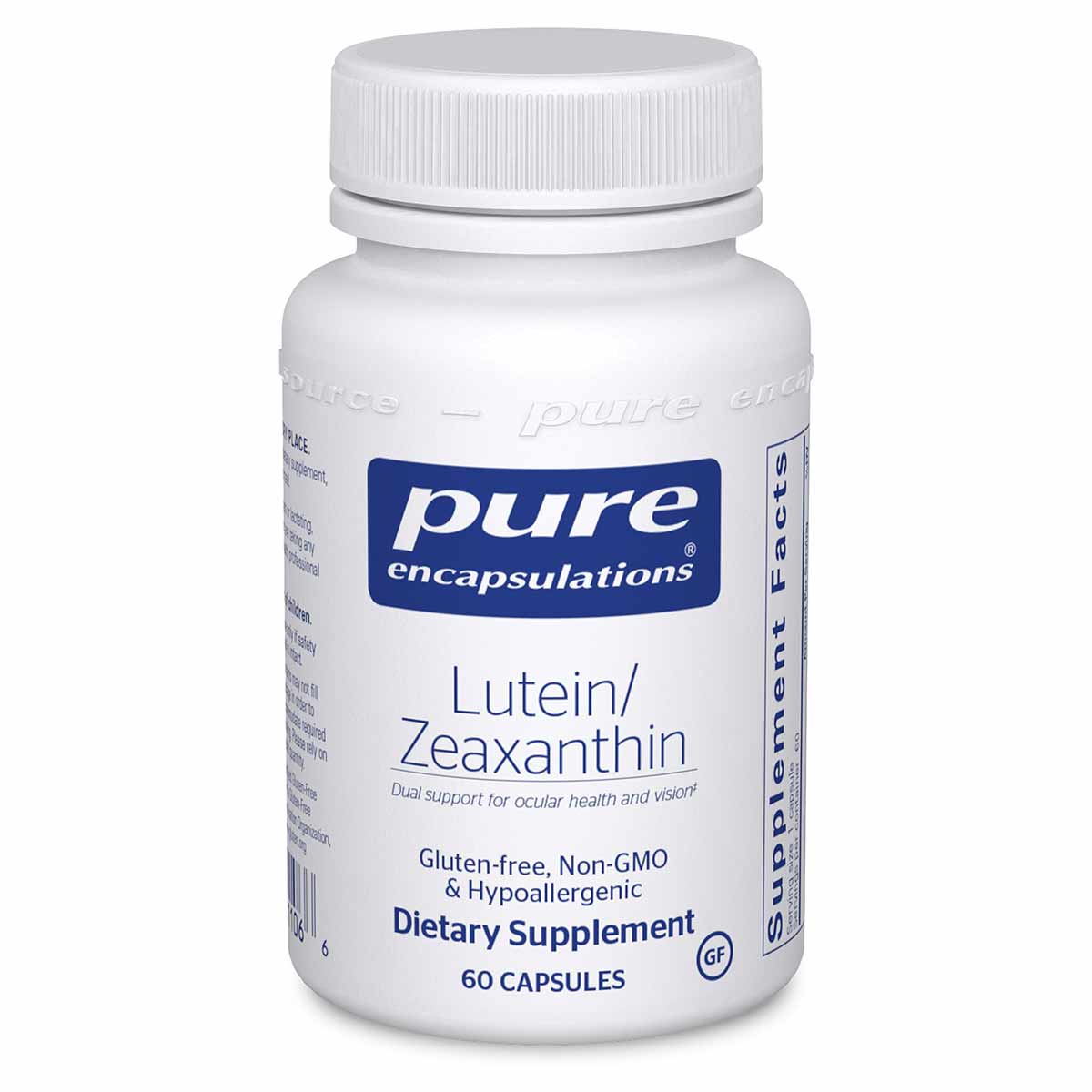 White capsule bottle labeled Lutein/Zeaxanthin by Pure Encapsulations containing 60 capsules.