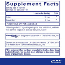 Supplement Facts label for Lutein/Zeaxanthin capsules showing 10mg lutein and 2mg zeaxanthin per serving with ingredient list