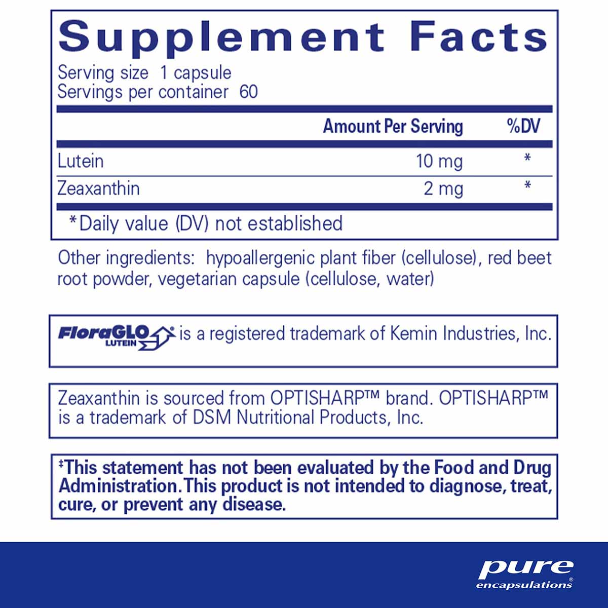 Supplement Facts label for Lutein/Zeaxanthin capsules showing 10mg lutein and 2mg zeaxanthin per serving with ingredient list