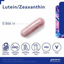 Pink capsule supplement with size measurement of 0.866 inches, labeled Lutein/Zeaxanthin by Pure Encapsulations.