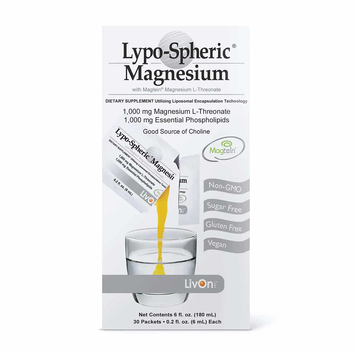 Lypo-Spheric Magnesium box showing packet being squeezed into glass of water, 30 packets total.
