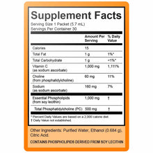 Supplement Facts label for Lypo-Spheric Vitamin C showing 1,000 mg vitamin C per 5.7 mL packet with 30 servings per container