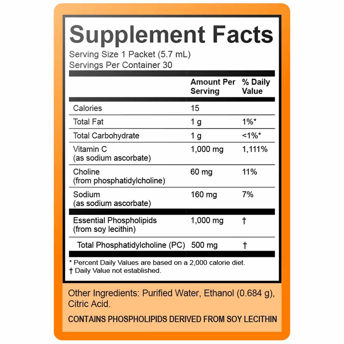 Supplement Facts label for Lypo-Spheric Vitamin C showing 1,000 mg vitamin C per 5.7 mL packet with 30 servings per container