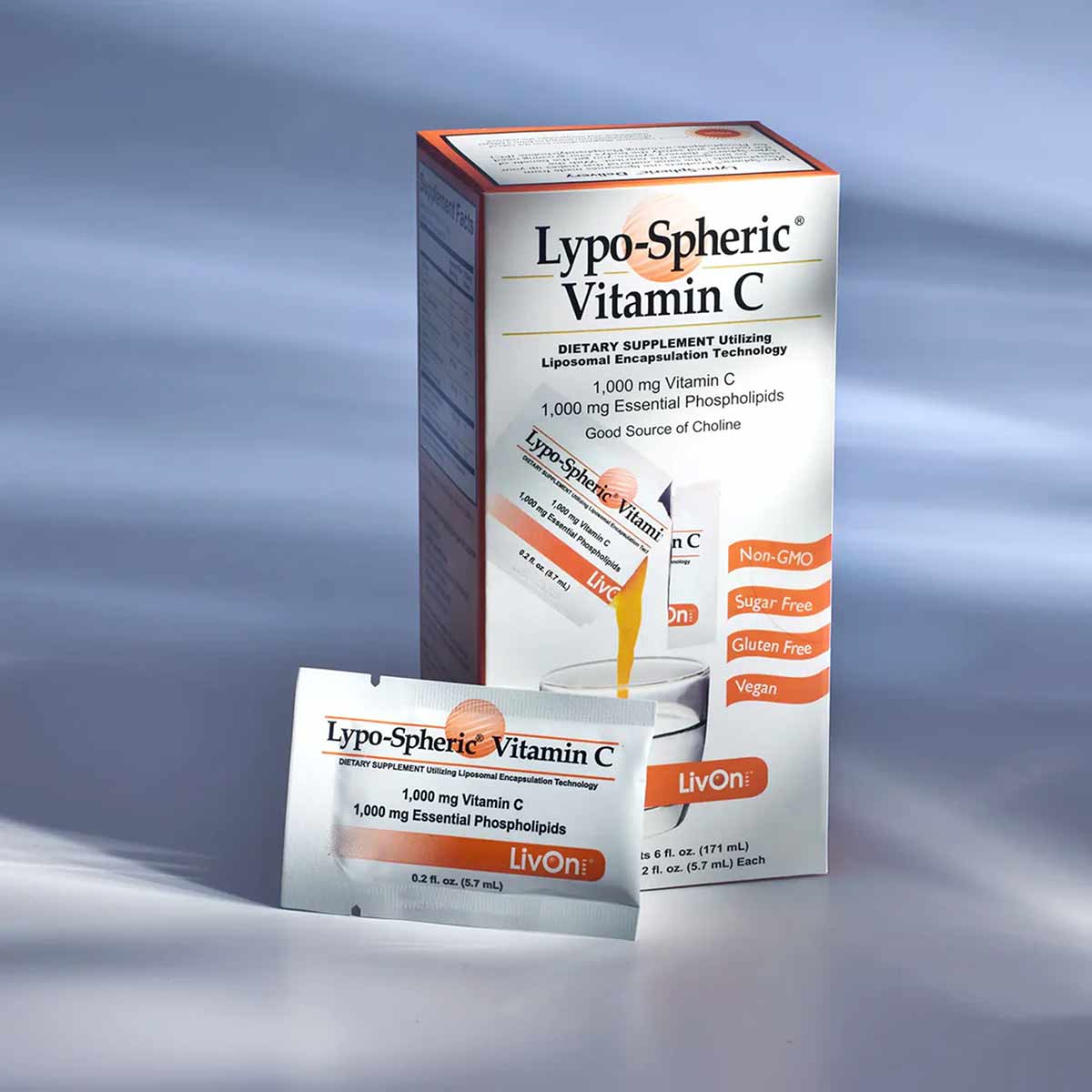 Lypo-Spheric Vitamin C supplement box with individual packets displaying 1,000 mg vitamin C and essential phospholipids per s