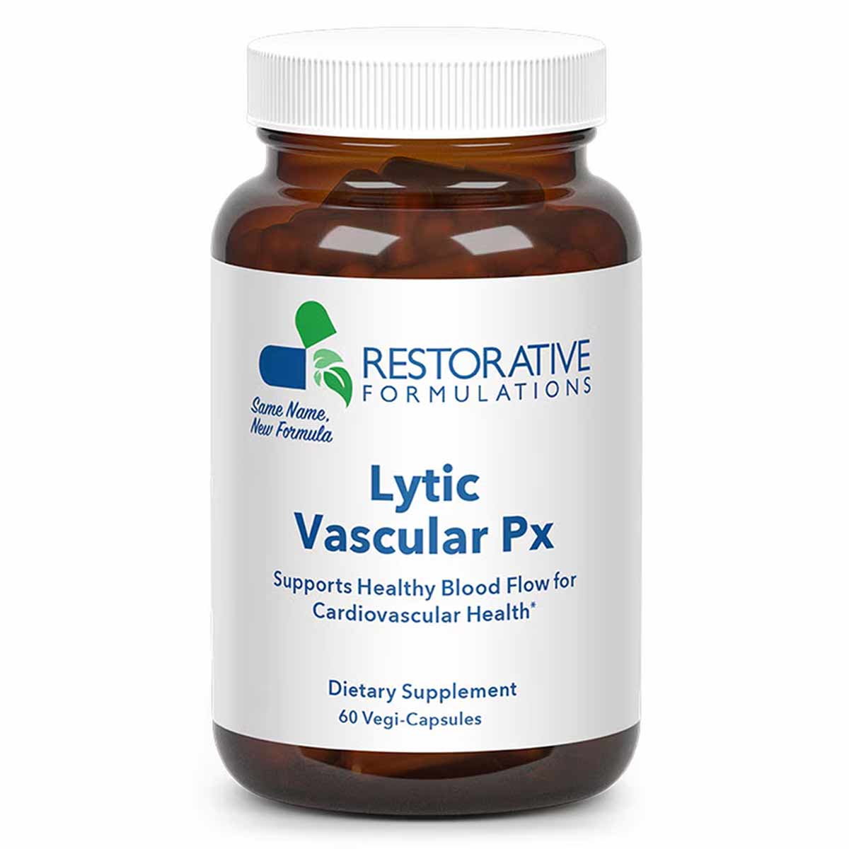 Amber glass bottle with white cap and label for Lytic Vascular Px dietary supplement, 60 veg-capsules.