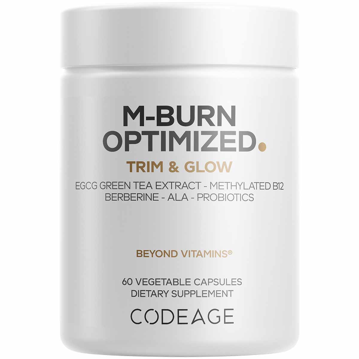 White plastic supplement bottle labeled M-Burn Optimized Trim & Glow with 60 vegetable capsules by Codeage.