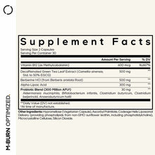 M-Burn Optimized supplement facts label showing vitamin B12, green tea extract, berberine, alpha-lipoic acid, and probiotic b
