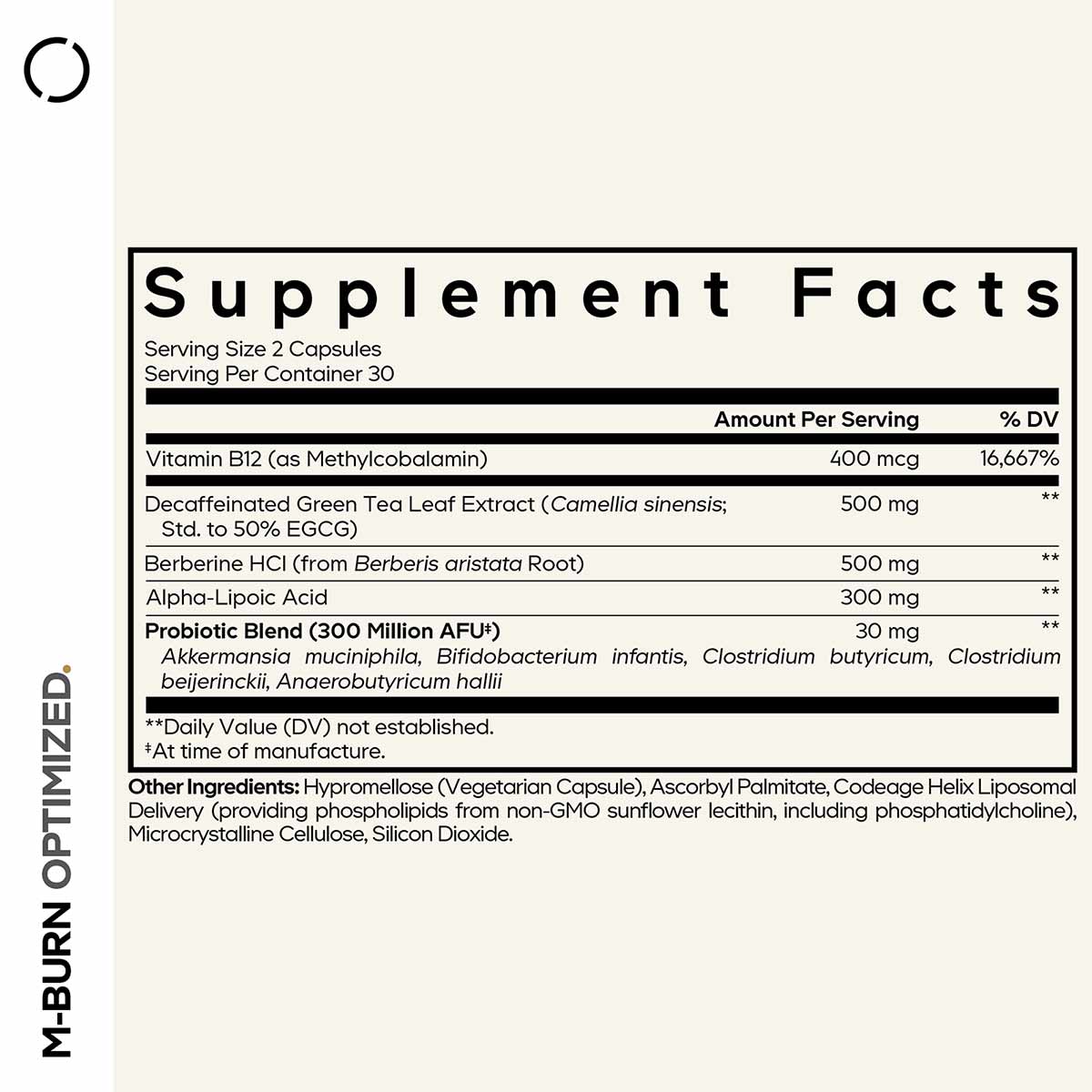 M-Burn Optimized supplement facts label showing vitamin B12, green tea extract, berberine, alpha-lipoic acid, and probiotic b