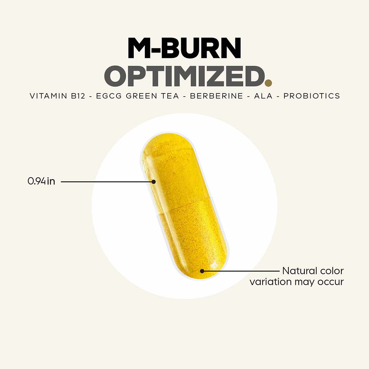 Yellow capsule supplement labeled M-Burn Optimized containing Vitamin B12, EGCG green tea, berberine, ALA, and probiotics.