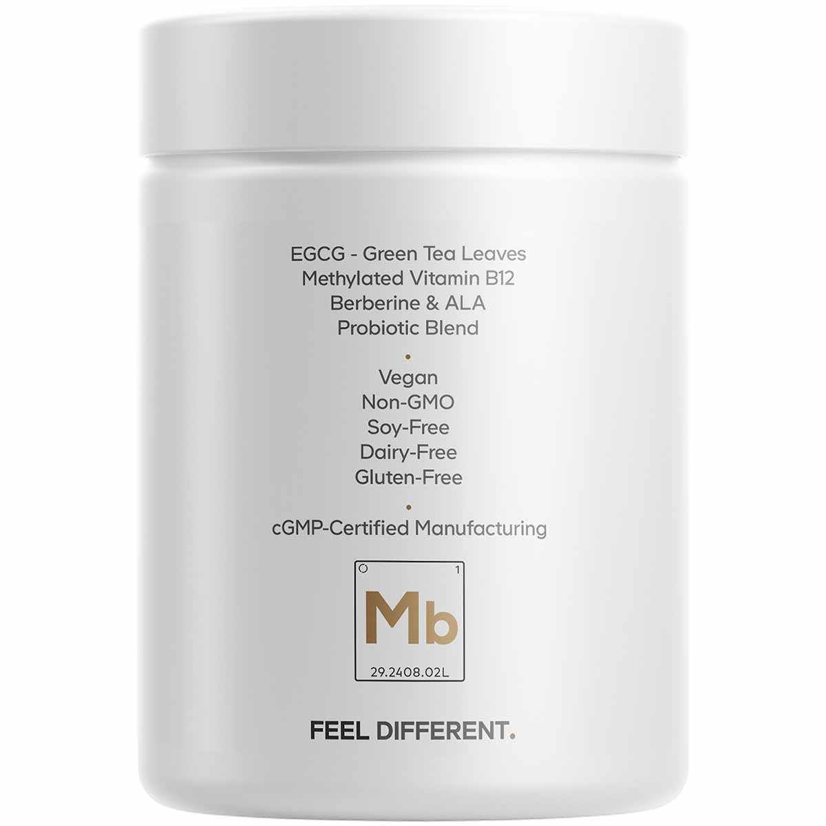 White supplement jar labeled M-Burn Optimized containing EGCG, green tea, vitamin B12, berberine, ALA, and probiotic blend.