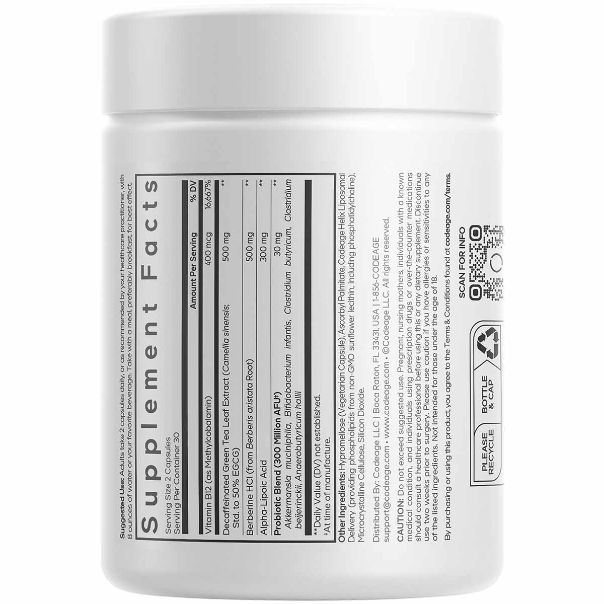 White supplement container with "Supplement Facts" label and ingredient list visible on front.