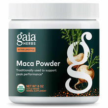 Gaia Herbs Maca Powder in white container with teal label showing maca root illustration, 8 oz net weight.