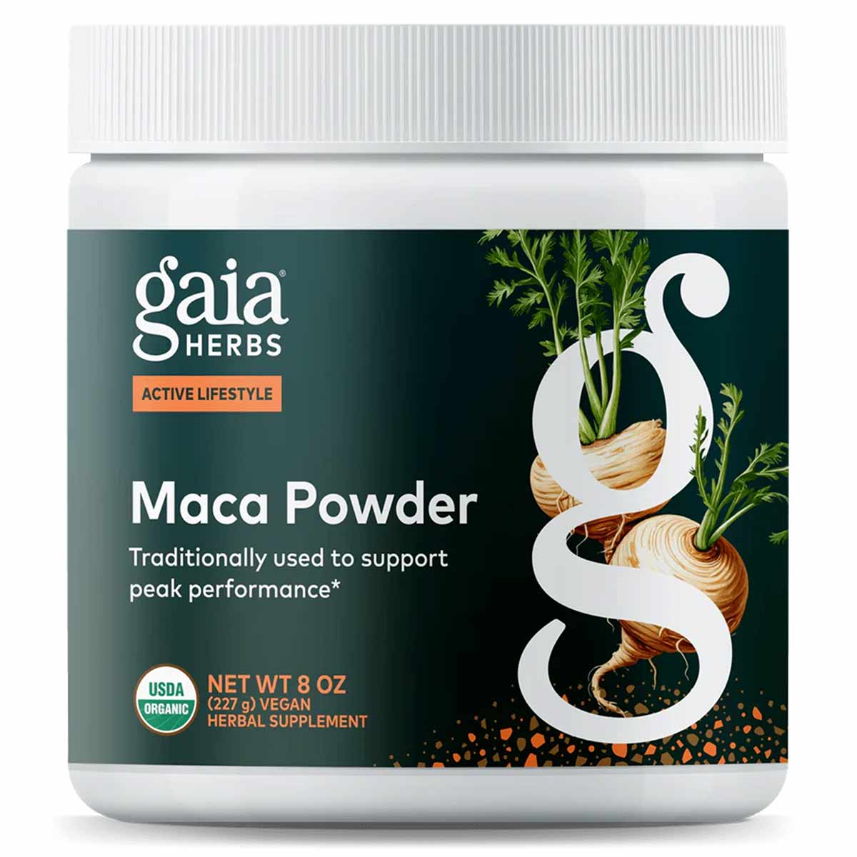 Gaia Herbs Maca Powder in white container with teal label showing maca root illustration, 8 oz net weight.