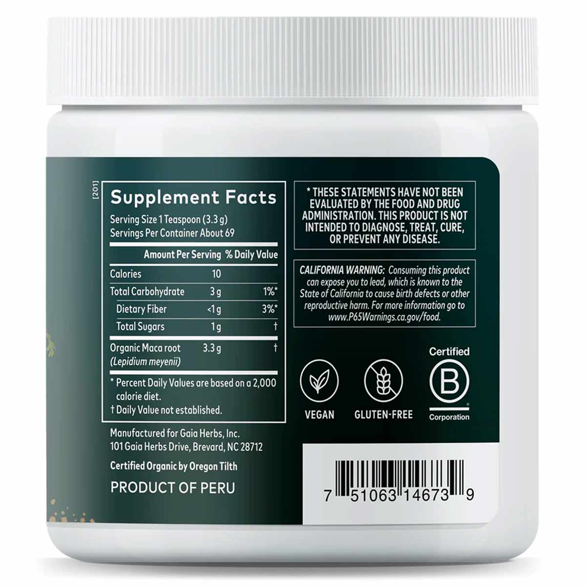 White jar with green label showing supplement facts, vegan and gluten-free certifications for organic maca powder.