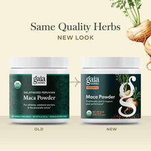 Gaia Herbs Maca Powder containers showing old and new label designs with white caps and dark green labels.