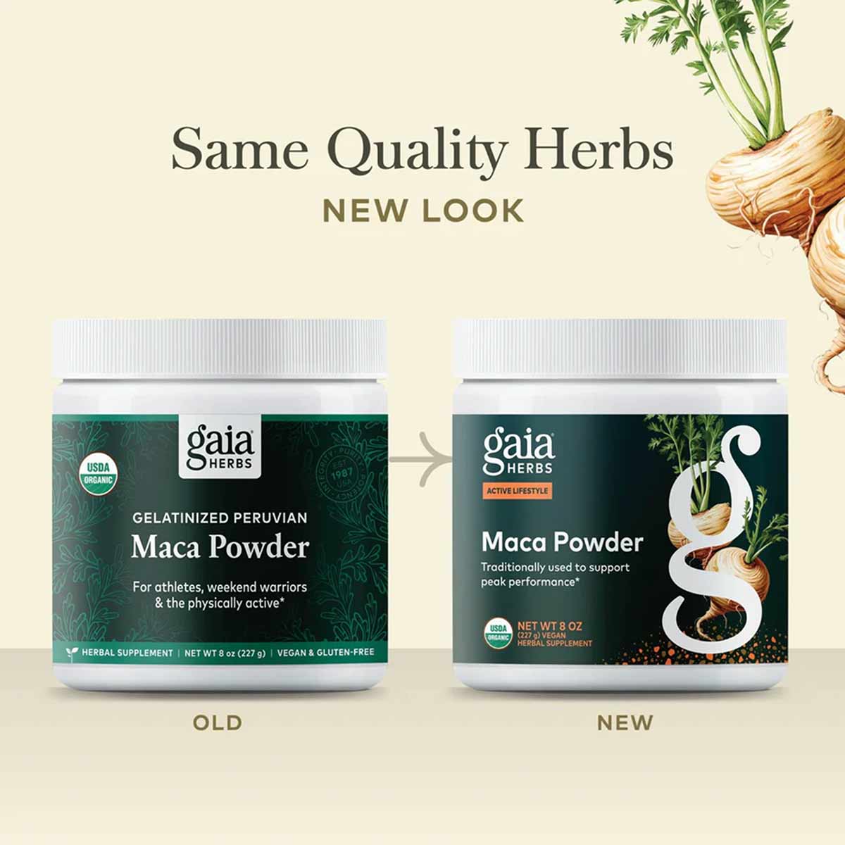 Gaia Herbs Maca Powder containers showing old and new label designs with white caps and dark green labels.