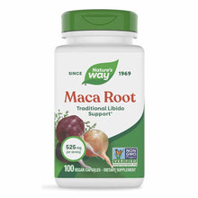 Nature's Way Maca Root supplement bottle with green cap, 100 vegan capsules, 525 mg per serving.