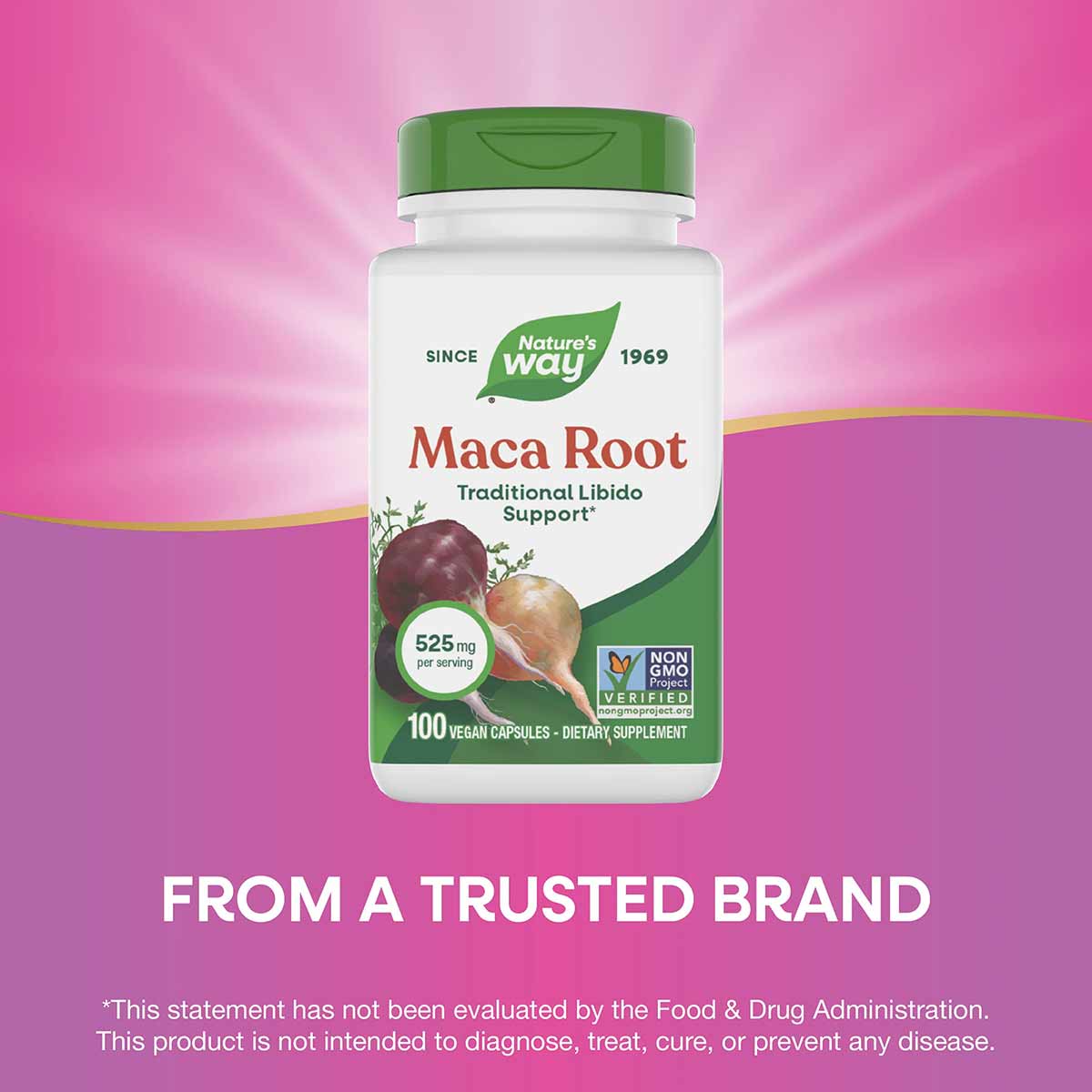 Nature's Way Maca Root supplement bottle with green cap, 525mg per serving, 100 vegan capsules, against pink background.