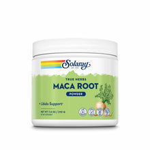 Solaray Maca Root Powder container with green label, 7.4 oz, True Herbs brand.