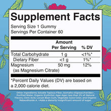 Supplement Facts label showing magnesium citrate 50 mg per gummy with serving size of 1 gummy and 60 servings per container.